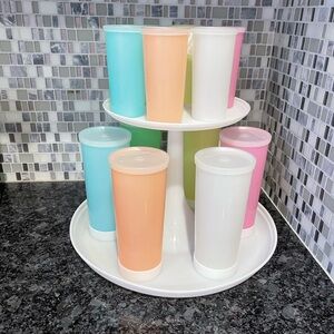Tupperware amazing vintage carousel with 12 plastic tumblers and lids 70s pastel
